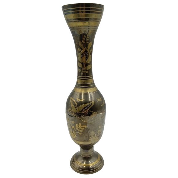 Solid Brass Tall Vase With Intricate Floral & Bird Design Made In India - Picture 1 of 10
